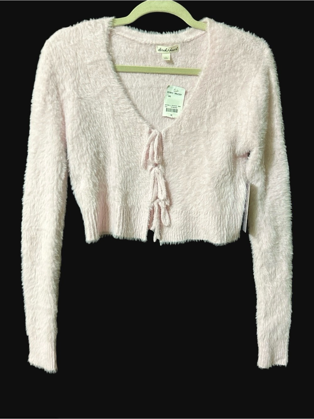 Derek Heart Pale Pink Fuzzy V-Neck Tie-Front Sweater M
